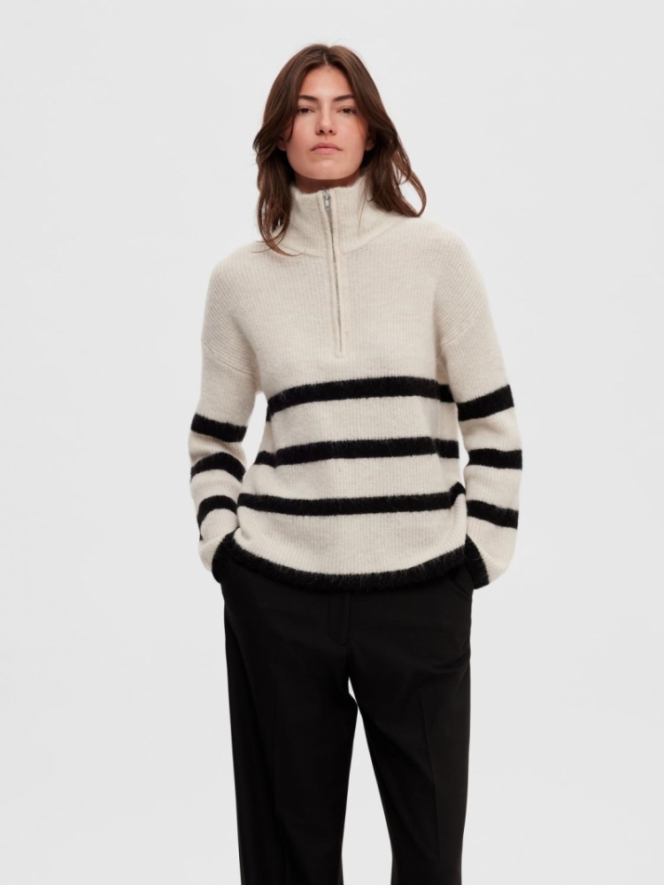 SlfMaline LS knit half zip Birch Stripes