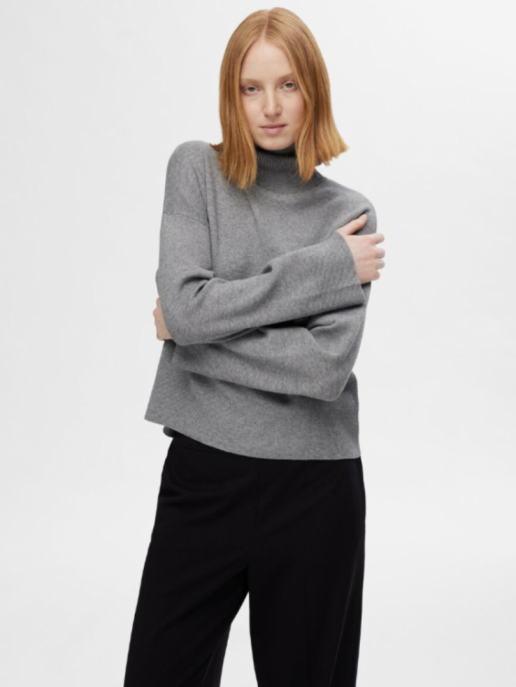 slfkamma ls knit roll neck noo medium grey mel