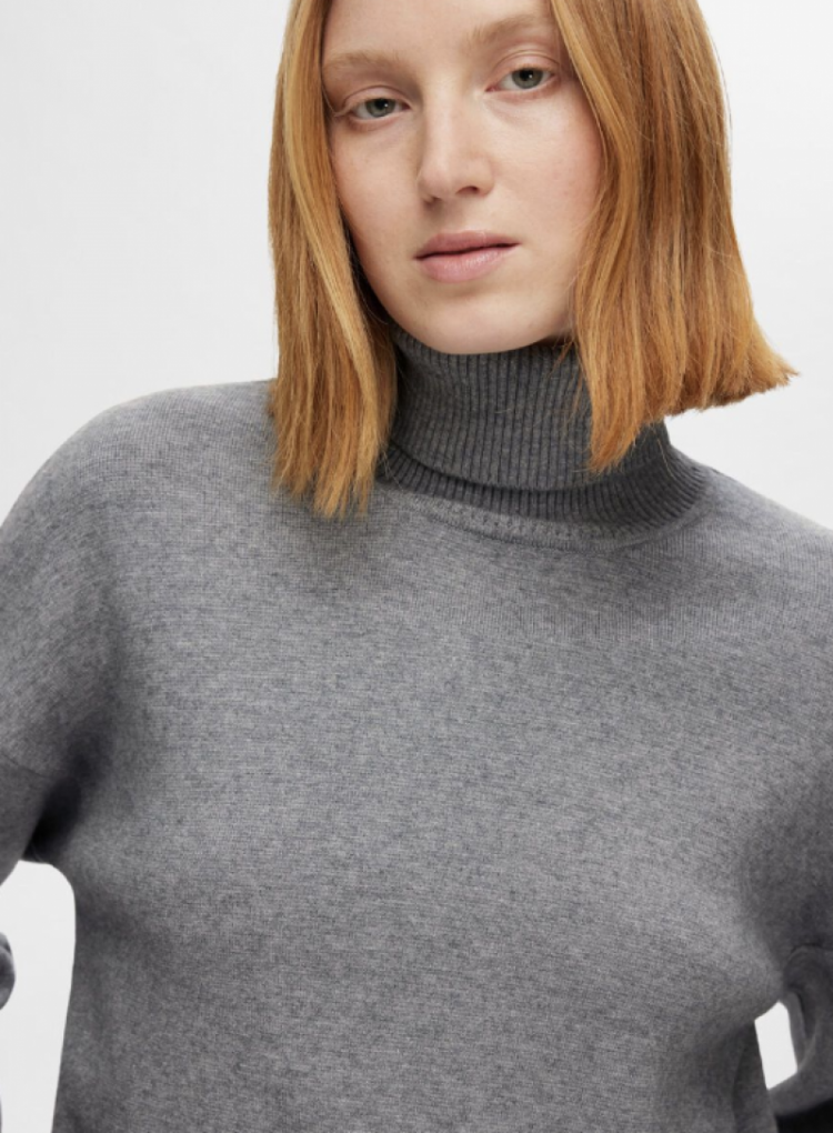 slfkamma ls knit roll neck noo medium grey mel