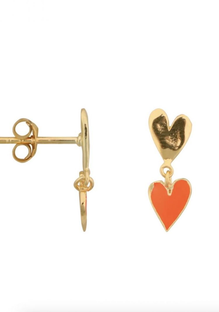 Medium two hearts stud earring Gold neon coral