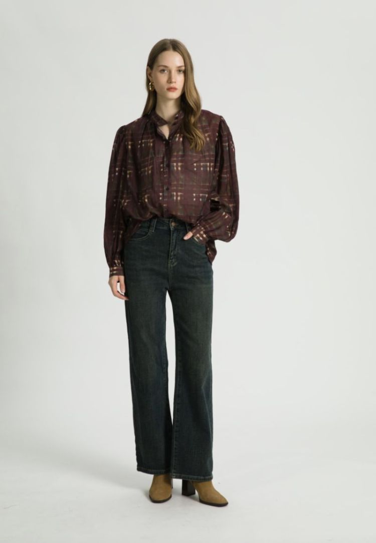 Blouse col rond ML print Brown
