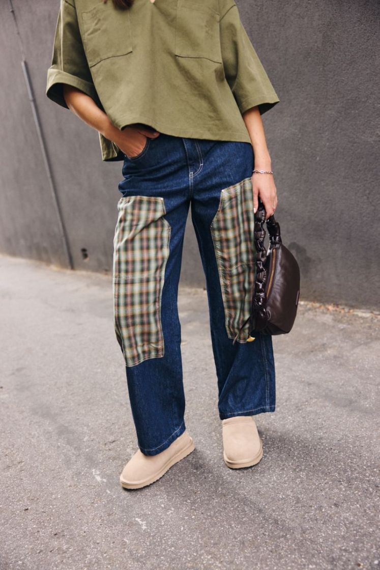 Jeans poches tissus carreaux Brut