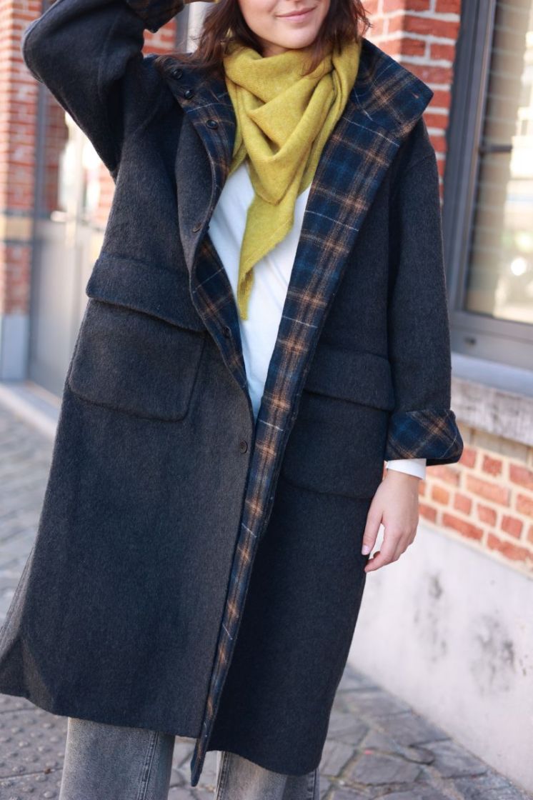 Manteau long laine carreaux Navy